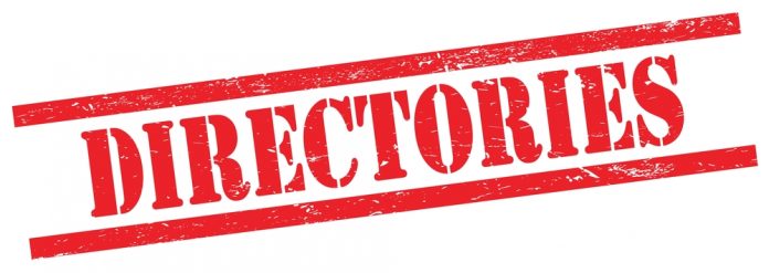 DIRECTORIES text on red grungy rectangle stamp.